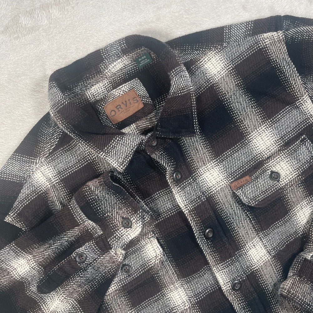 Orvis Big Bear Heavyweight Cabinwear Flannel Mens XL Brown Plaid Pockets